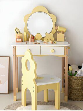 Large Wooden Vanity Playset, Montessori Pretend Beauty Table & Chair